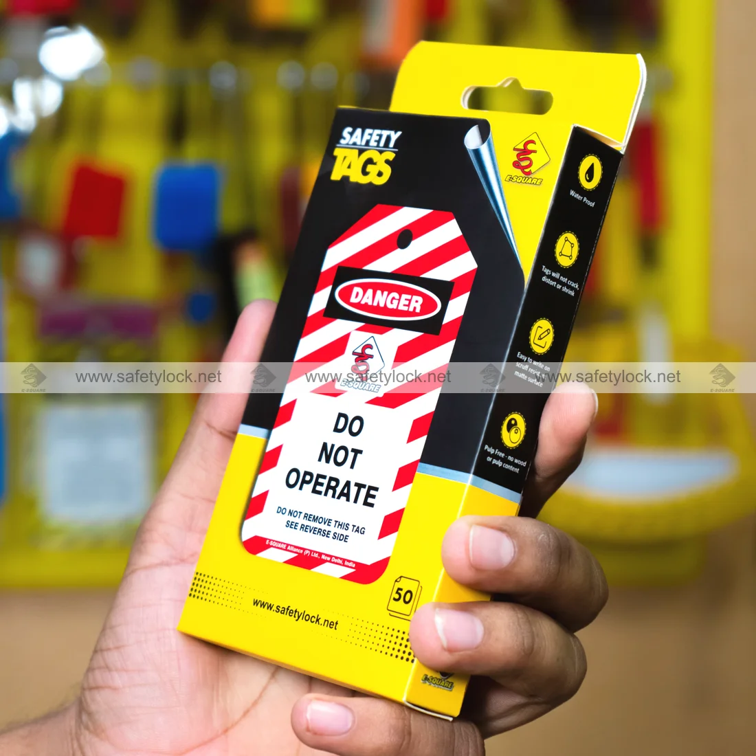 small and compact lockout safety tags in a box