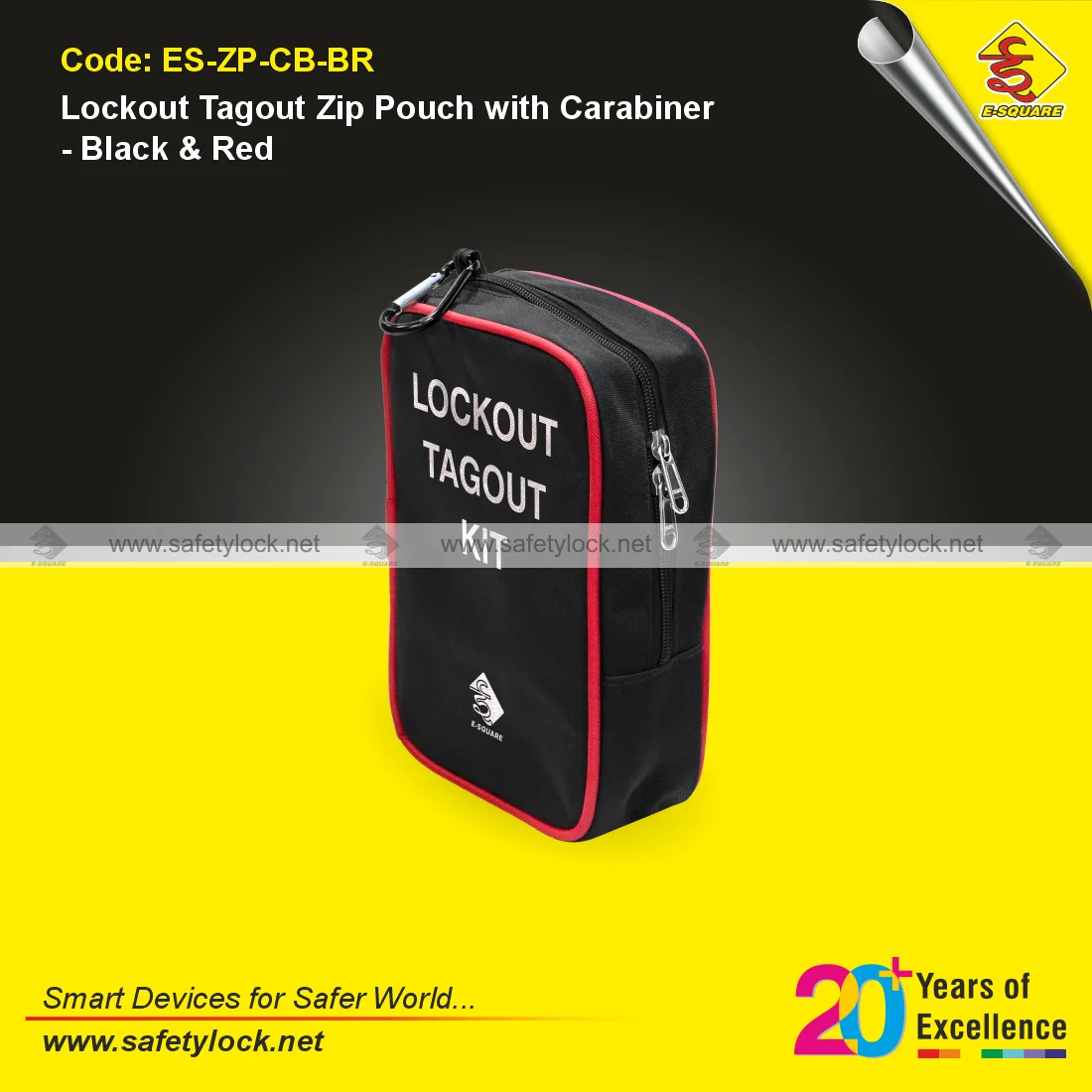 E-Square lockout zip pouch with carabiner for LOTO devices
