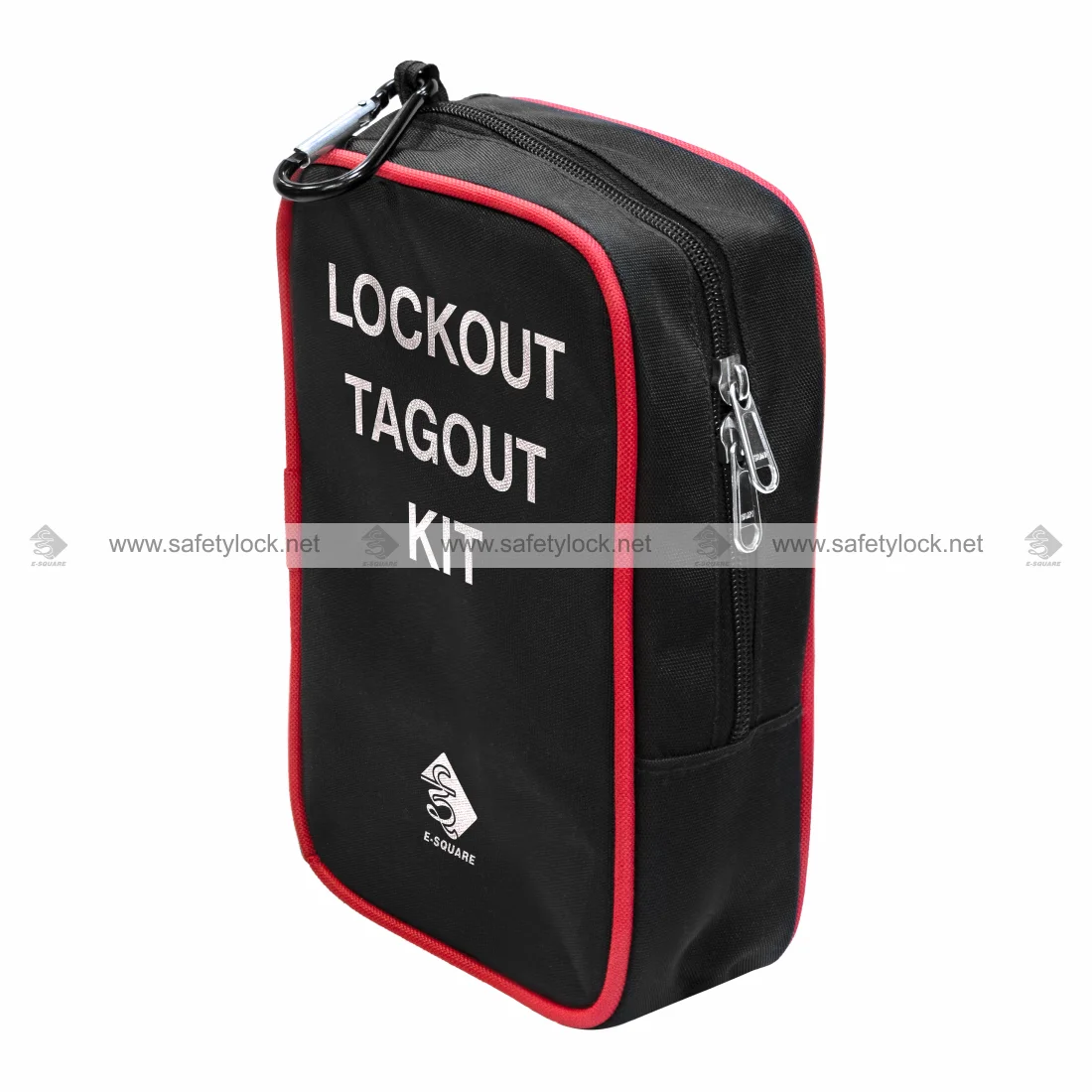 lockout tagout zip pouch with carabiner black and red